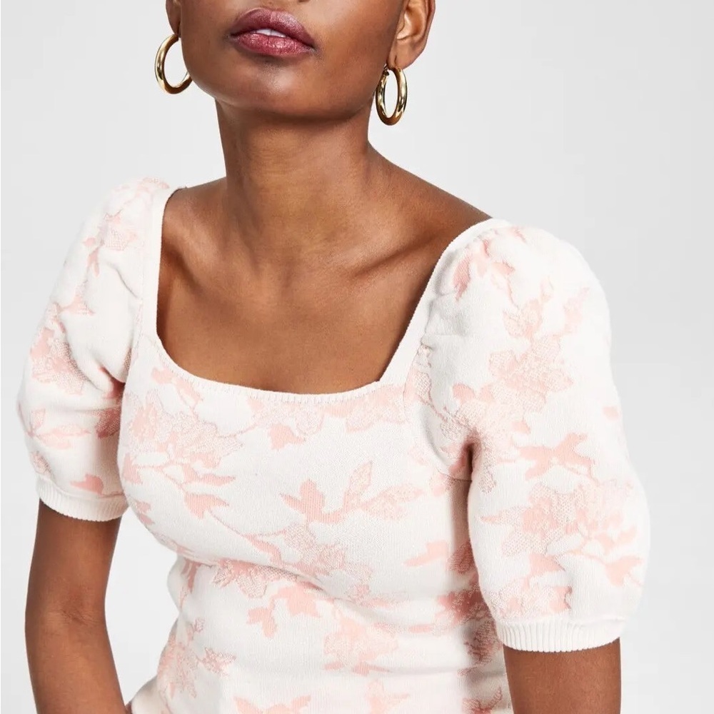 INC Jacquard Floral Puff-Sleeve Sweater, Pink, women’s size L and XL